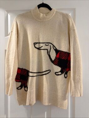 LOFT Cream Turtleneck Sweater with Red & Black Dachshund Motif